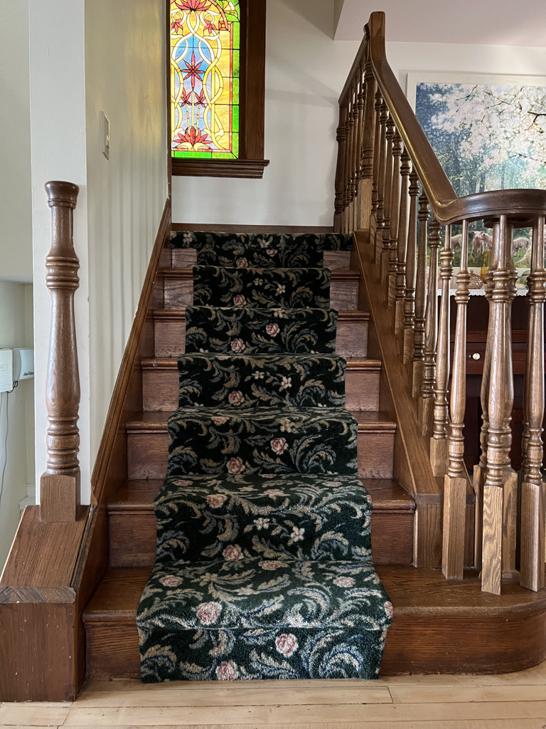 carpeted stairs before the stair makeover
