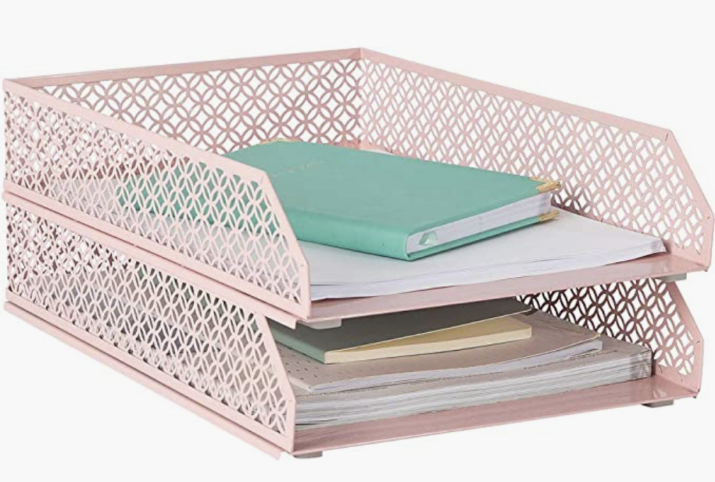 Pink desk trays for mail clutter organization
